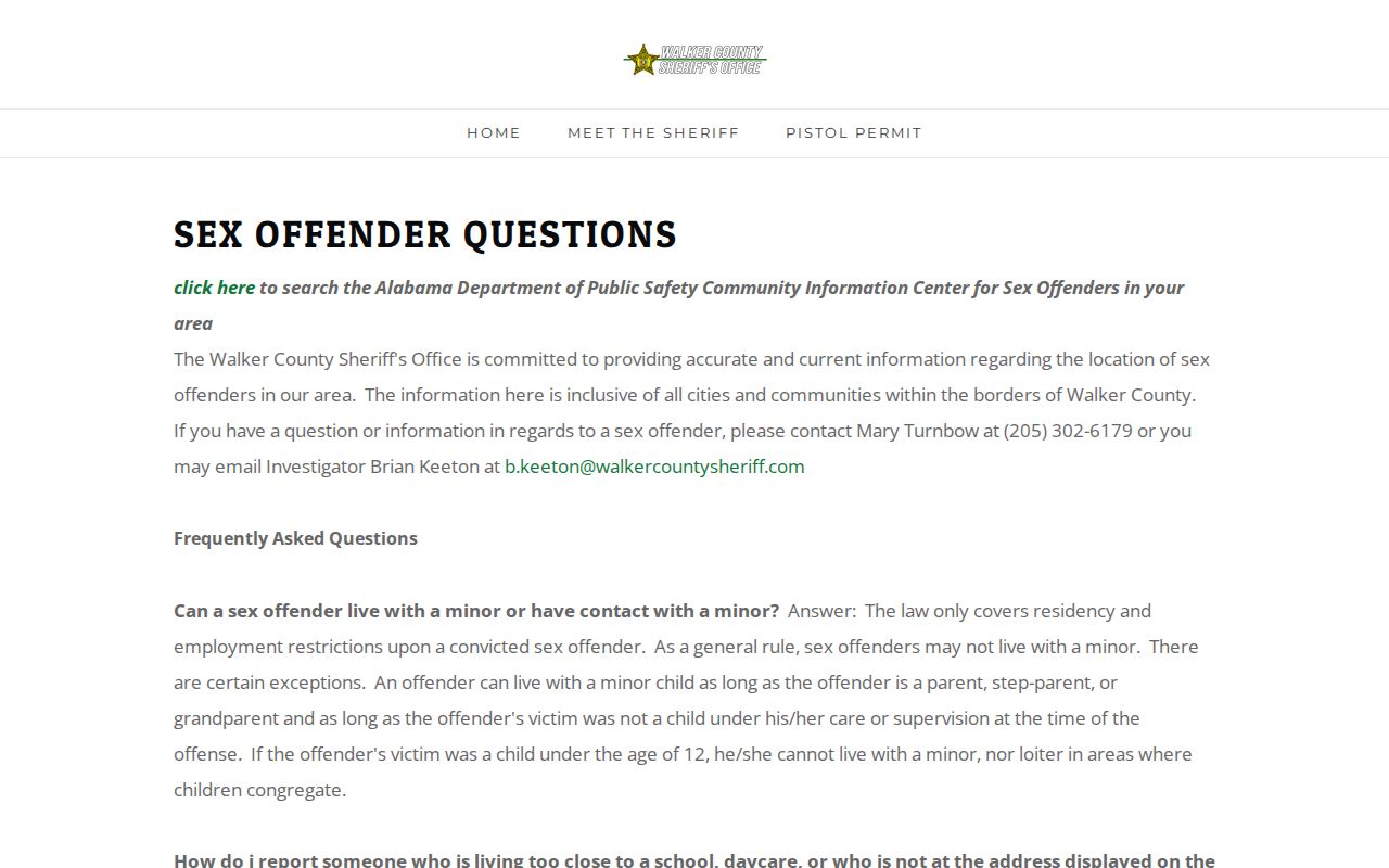 Walker County sex offender registry questions and reporting contact